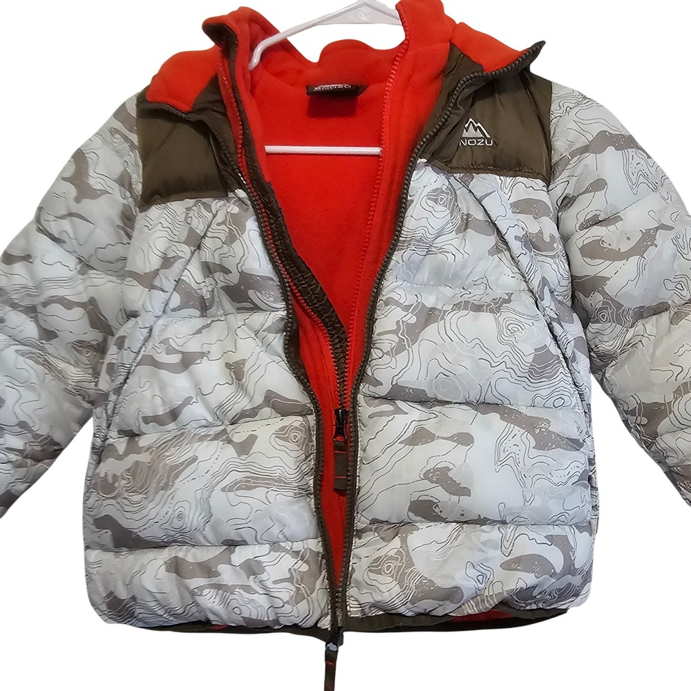 Snozu Boys Size 6 Puffer‎ Jacket Topographic Print Fleece Lined Hooded Coat Grey